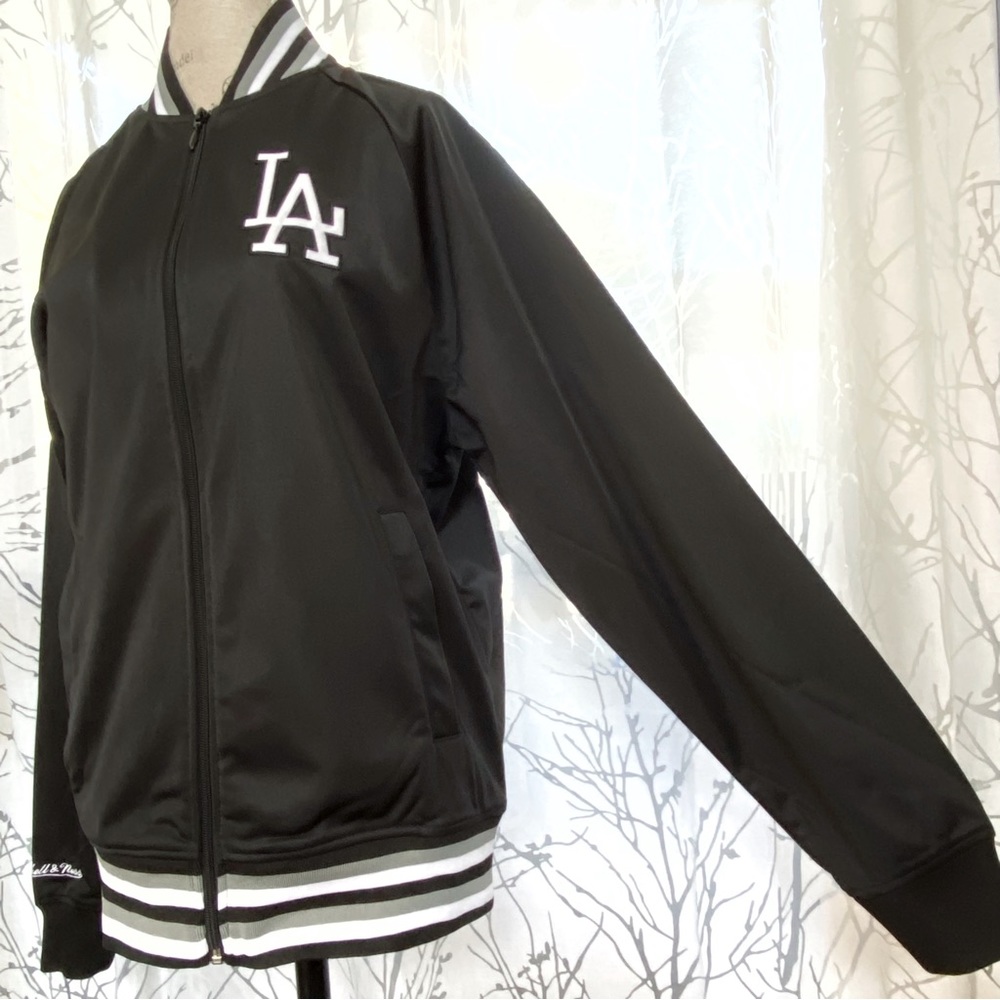 Mitchell & Ness LA black satin white gray stripe zip zipper bomber jacket coat - Picture 5 of 11